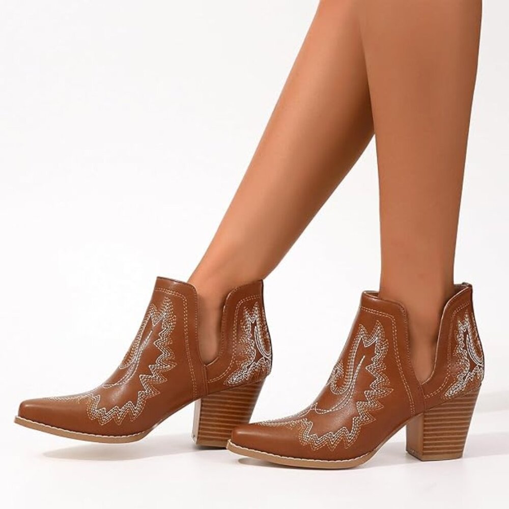 Women Cowgirl Ankle Western Embroidered Stitched Pointed Toe Cutout Chunky Heel